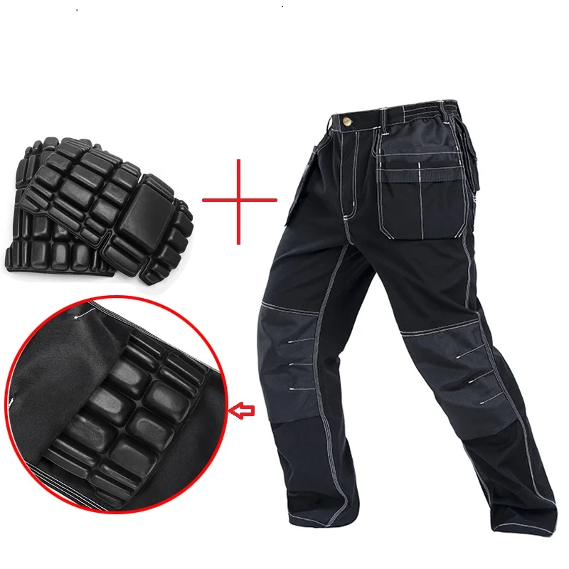 

Men working pants multi pockets work trousers with removable eva knee pads top quality worker mechanic cargo work pan New 2019