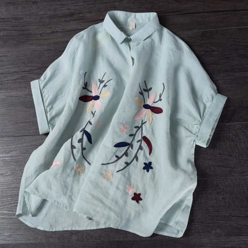 2017 Летний Пуловер с Короткими Рукавами Свободный Хлопок Лён Цветочная Вышивка
