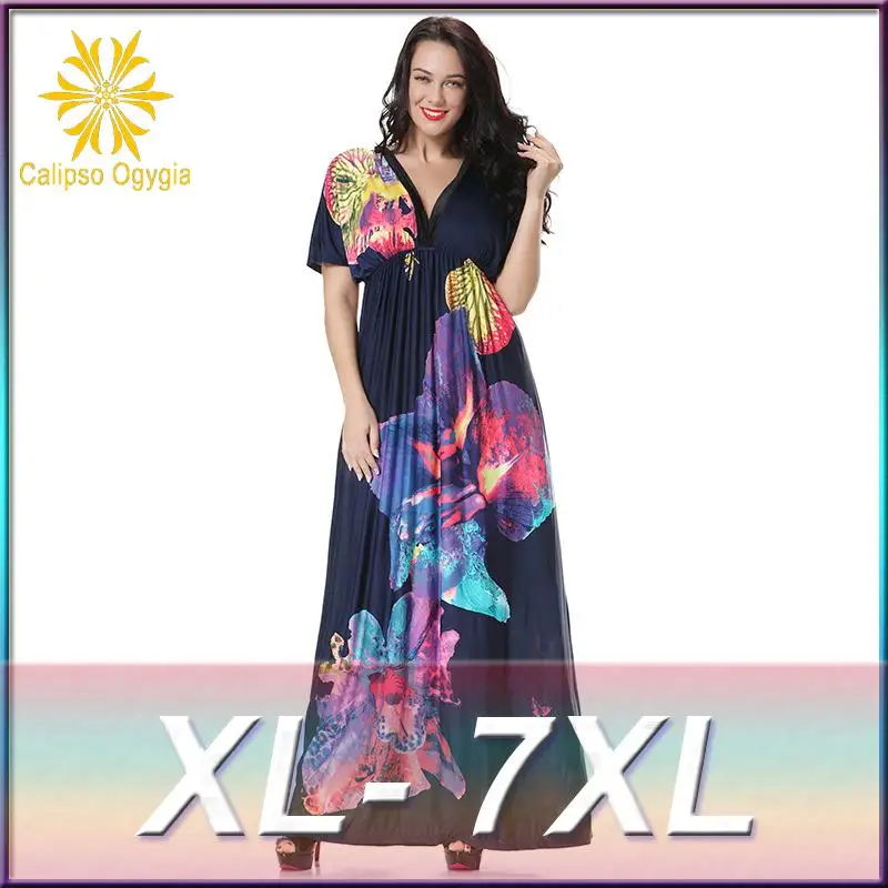 Женщин Floar V Шеи Лето Женский Пляж Голеностопного Длина Платья Длинное Платье 3xl-5XL