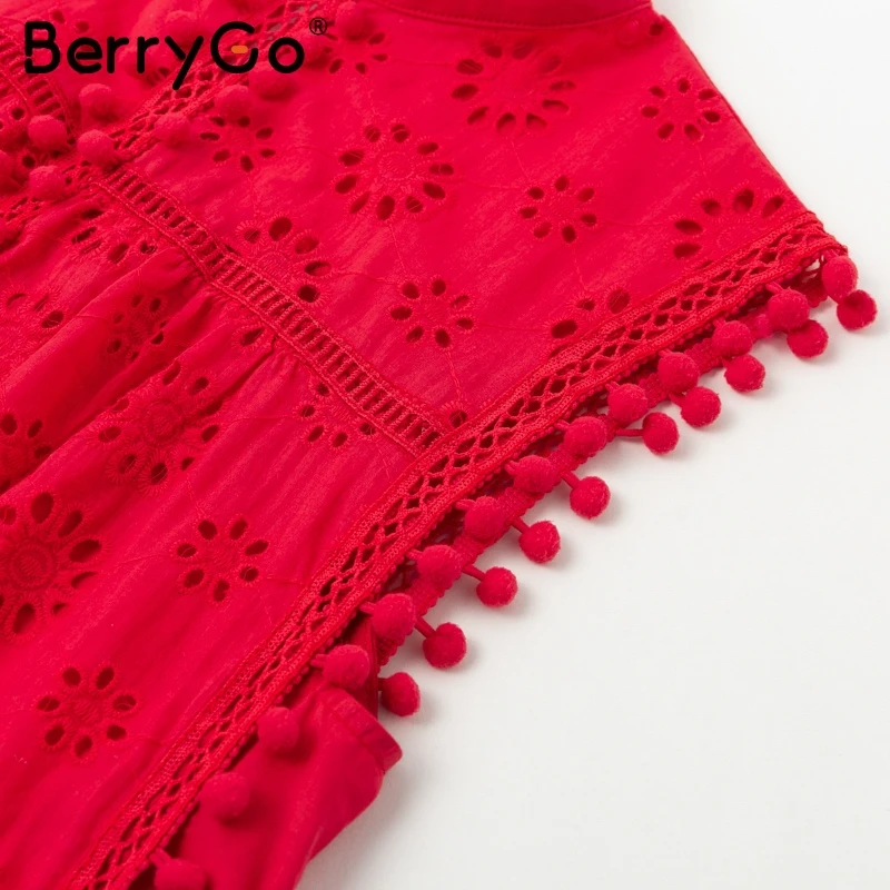 BerryGo элегантная повседневная Хлопковая женская блузка, рубашка без рукавов, летняя майка, рубашки, женские красные блузки с вышивкой и кисточками