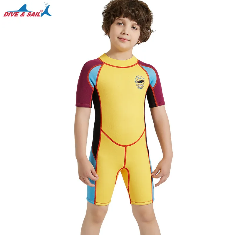 DIVE& SAIL kid 2,5 мм неопреновый гидрокостюм с коротким рукавом, купальный костюм Рашгард, костюм для дайвинга, Детский Гидрокостюм, костюм для дайвинга, купальник - Цвет: Цвет: желтый