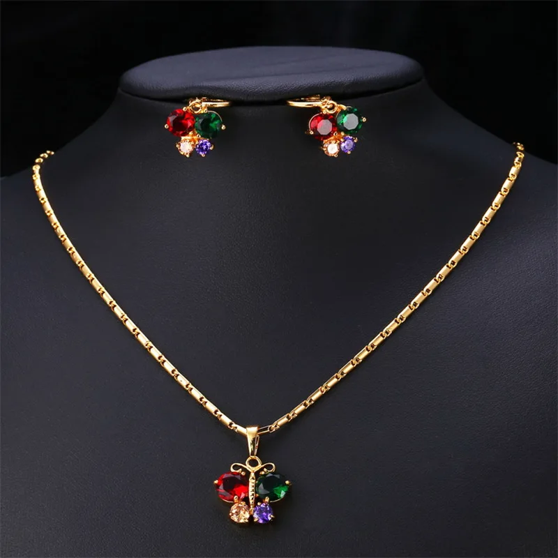 U7 Бабочка Ожерелье Серьги Для Женщин Ювелирные Комплекты Позолоченные Цветные