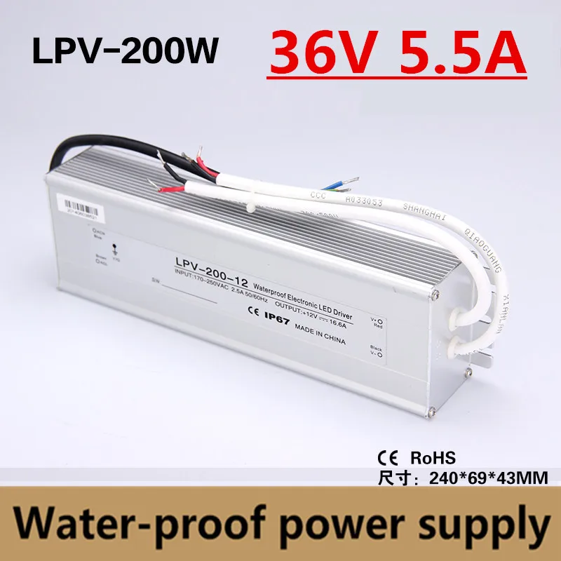 Fonte de Alimentação Ip67 200w 36v 5.5a à Prova Dágua Uso Externo Transformador de Iluminação Adaptador de Energia Fonte de alimentação de comutação
