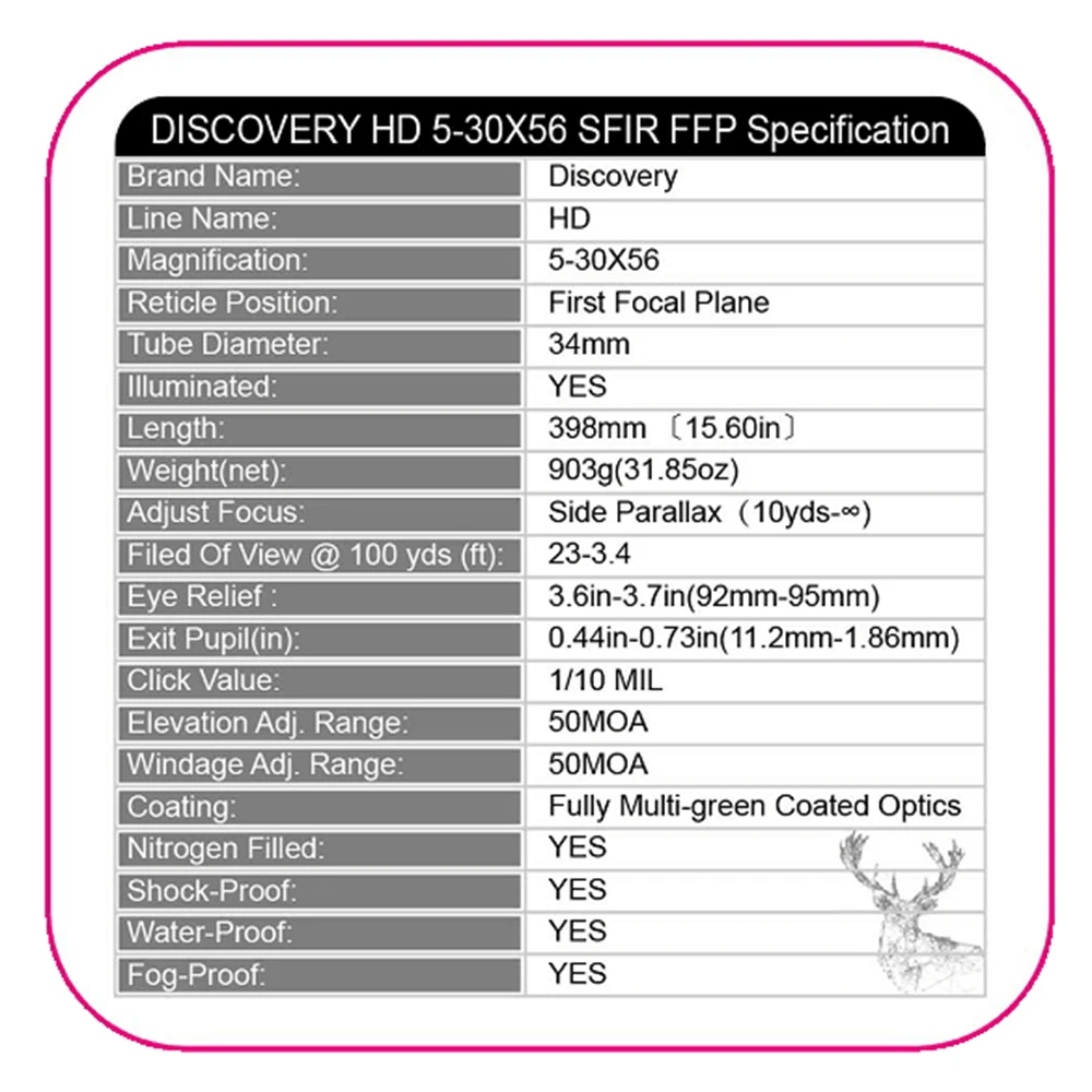 Дискавери HD 5-30X56 SFIR длинный диапазон FFP первый фокальный самолет стрельба охотничий прицел 34 мм Труба оптический прицел Коллиматорный прицел