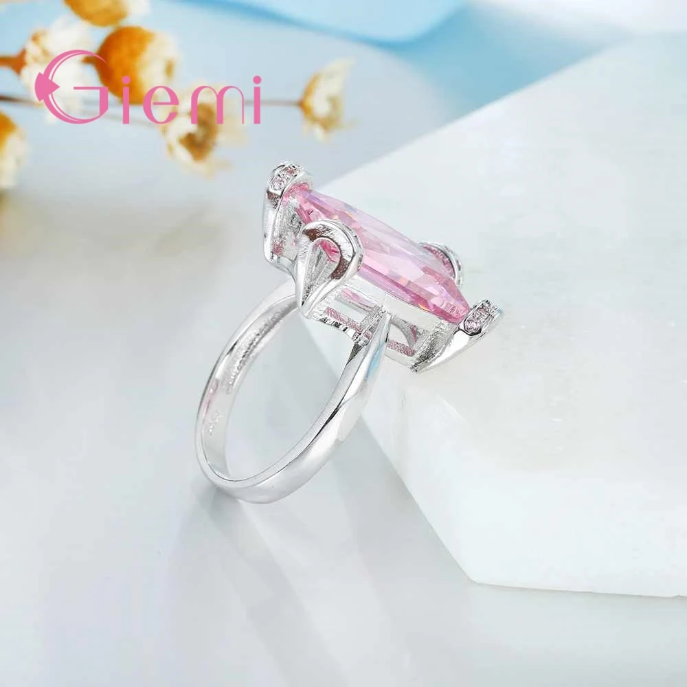 

New Unique Square Pink Crystal Ring Hyperbolic Design for Women Wedding&Party Jewelry pure Silver Anel Factory Price
