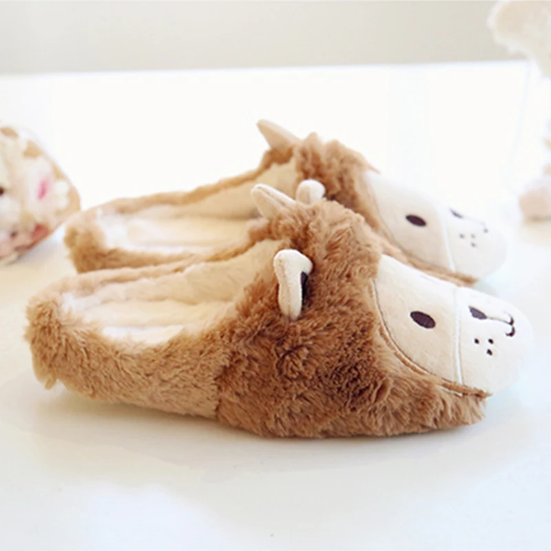 Kawaii/домашние тапочки с рисунком льва для женщин; Повседневная Домашняя обувь для влюбленных пар; зимние короткие плюшевые теплые домашние тапочки для женщин