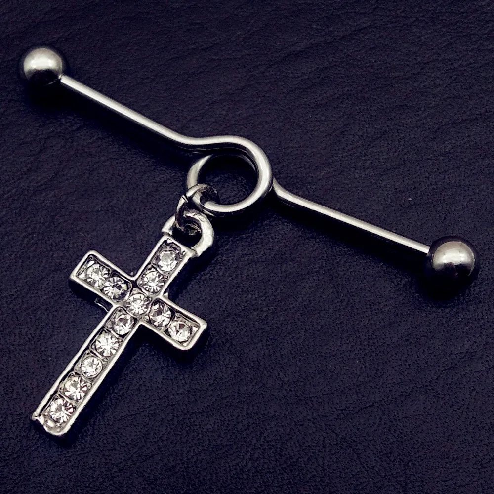

1pcs New Stainless Steel 14G cross lucky Industrial Barbell tragus Cartilage dangle Ear Piercing Jewelry free shipping