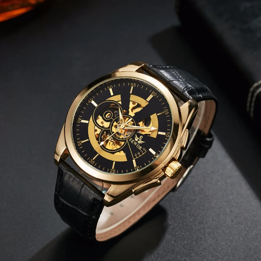 Часы SEWOR мужские деловые автоматические с кожаным ремешком | Наручные часы