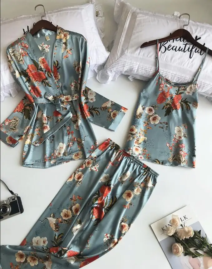 as picture Женские пижамные комплекты из 3 предметов, модная атласная пижама на бретельках, Женская пижама с цветочным принтом и длинным рукавом, домашняя одежда - Цвет: as picture