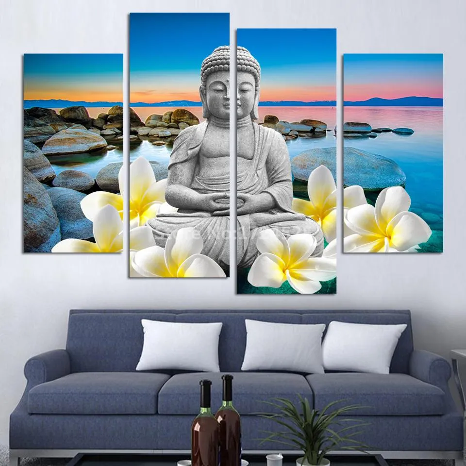 

2017 Promotion New 4 Panels For Buddha Picture Modern Wall Decor Hd Print Seaview Cuadros Decoracion Painting On Canvas Mural