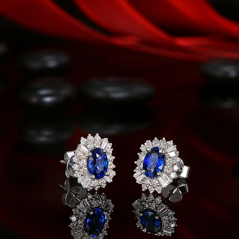 1.04ct натуральный голубой сапфир 0.64ct Diamond 14kt белое золото серьги-гвоздики ювелирные изделия