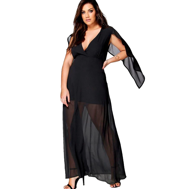 2018 плюс Размеры одноцветное Платье черного цвета Для женщин глубокий v-образным