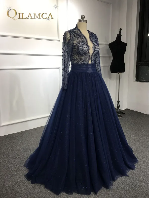 Arabic Evening Dresses Elegant Floor Length 2018 Long Sleeves Prom Party Gowns Dark Navy prom dress | Свадьбы и торжества