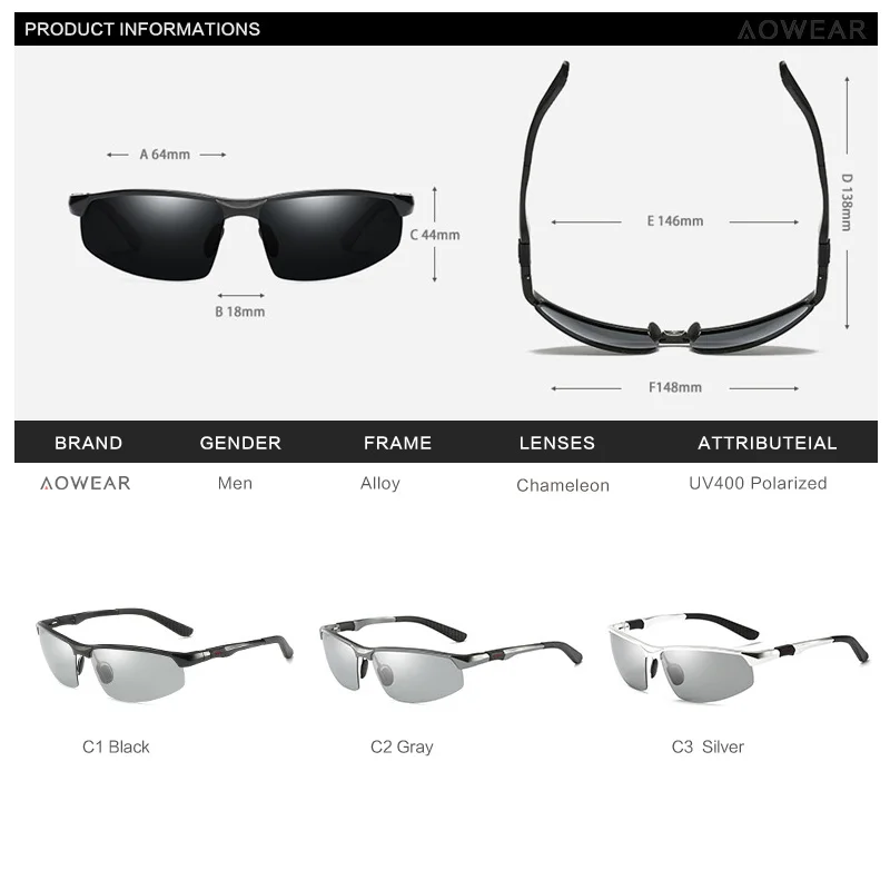 AOWEAR фотохромные солнцезащитные очки, мужские поляризованные очки-хамелеоны, мужские солнцезащитные очки, меняющие цвет, HD очки для дневного и ночного видения, очки для вождения