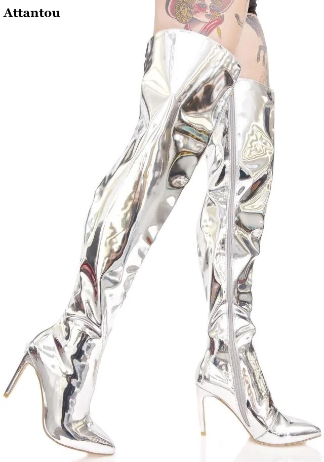 Блестящие и блестящие кожаные высокие сапоги золотистого цвета Сапоги выше