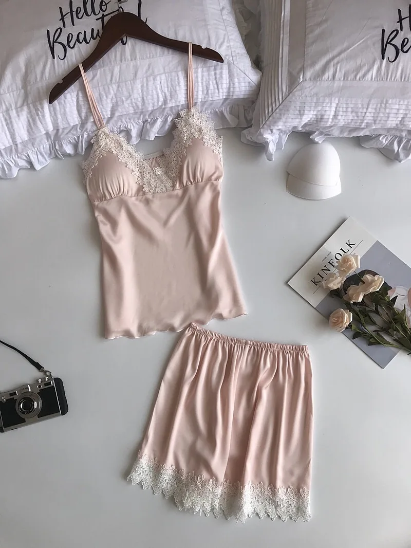 pajamas set pink Ночнушки женские пижамы атласная пижама шелковая Домашняя одежда кружевной домашний халат нагрудные подушечки для сна домашняя пижама розовый зеленый 4 штуки - Цвет: pajamas set pink