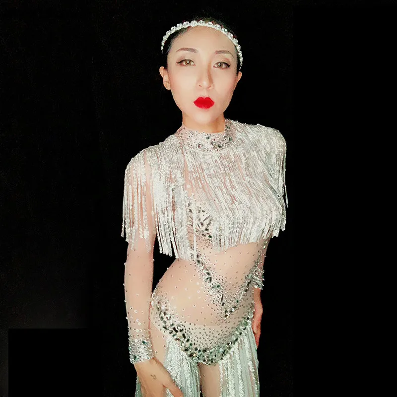 

Rhinestone bodysuit Tassel mesh costume Crystal jumpsuit Sexy stretch leotard Rompers Shining stone stage wear Sparkling Diamond