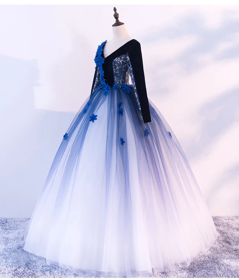 luxury stage perofrmance gown long sleeve ball V collar blue silk flowers medieval dress Renaissance queen cosplay | Тематическая