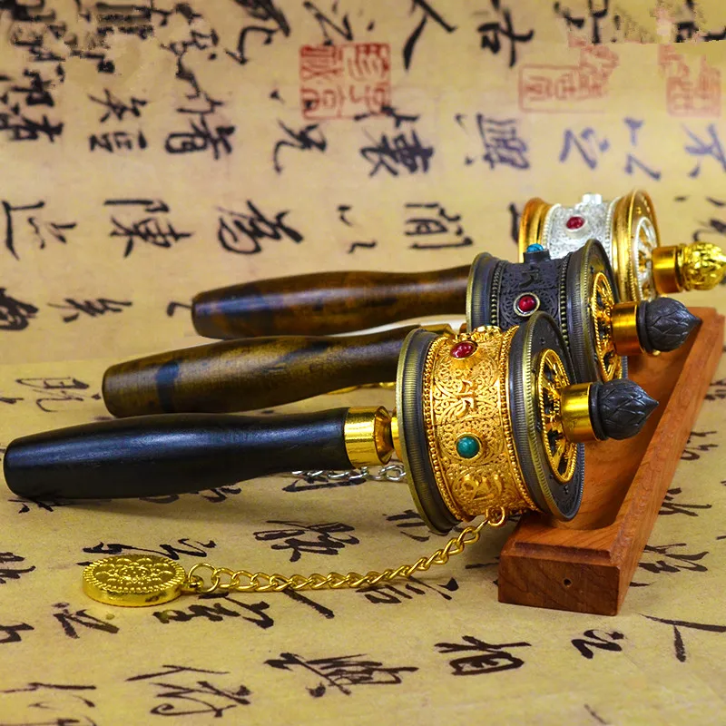 Exquisite Tibetan Supplies Nepal Alloy Metal Six Words Scriptures Carving Hand Cranking Swept Bad Things Buddhist Prayer Wheel