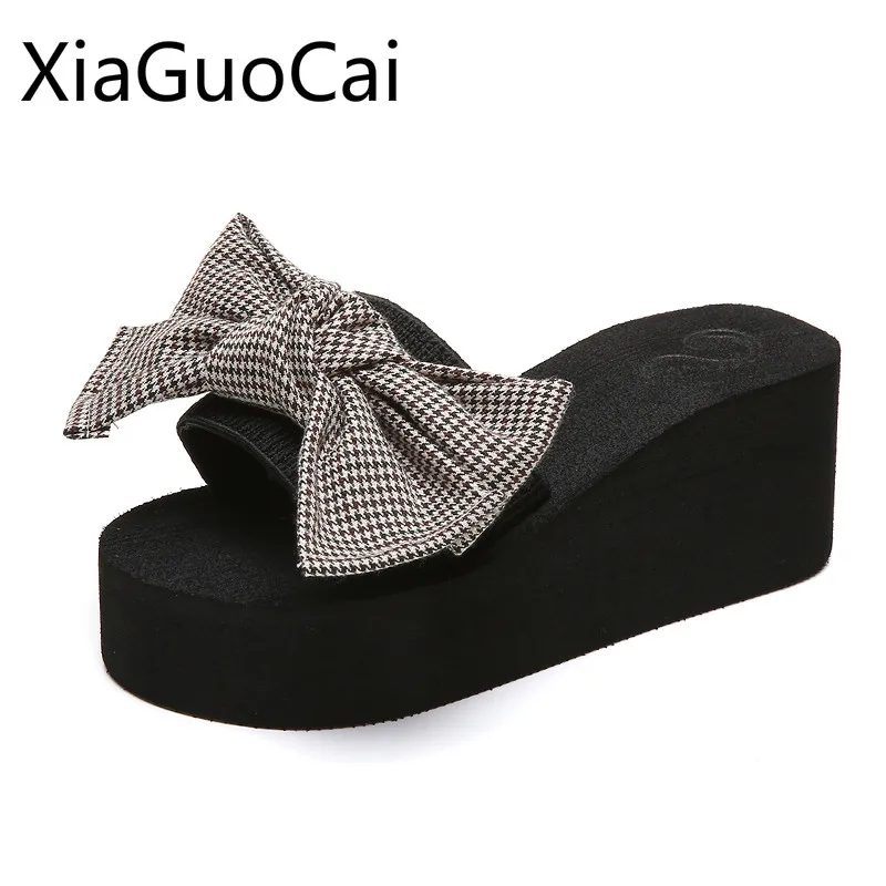 

Women Summer Beach Slippers Female Summer Seaside Slippers Fashion Lattice Bow Platform Casual Slippers