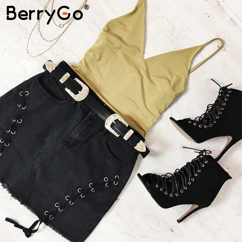 BerryGo черная джинсовая юбка на шнуровке в стиле панк сексуальная юбка-карандаш