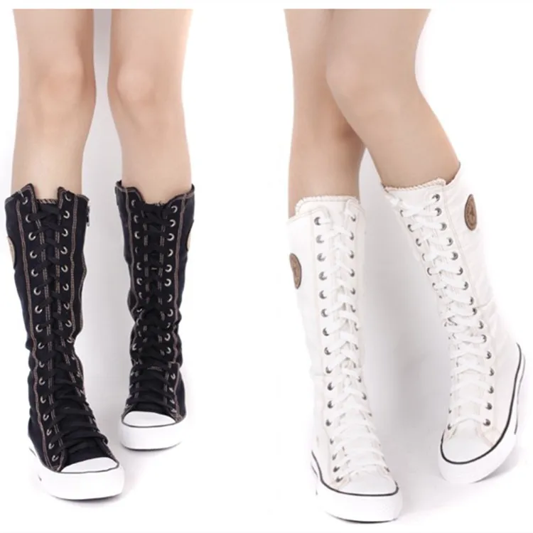 Женская Повседневная парусиновая обувь с высоким берцем в готическом стиле; женские высокие сапоги в стиле панк; женские парусиновые сапоги до колена с боковой молнией