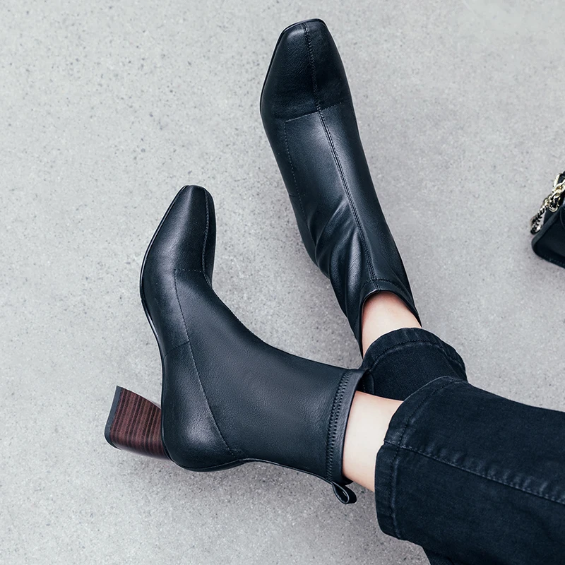 ISNOM High Heels Wood Ankle Boots Women Square Toe Party Booties Woman Leather Shoes Female Slip On Shoes Ladies Autumn New