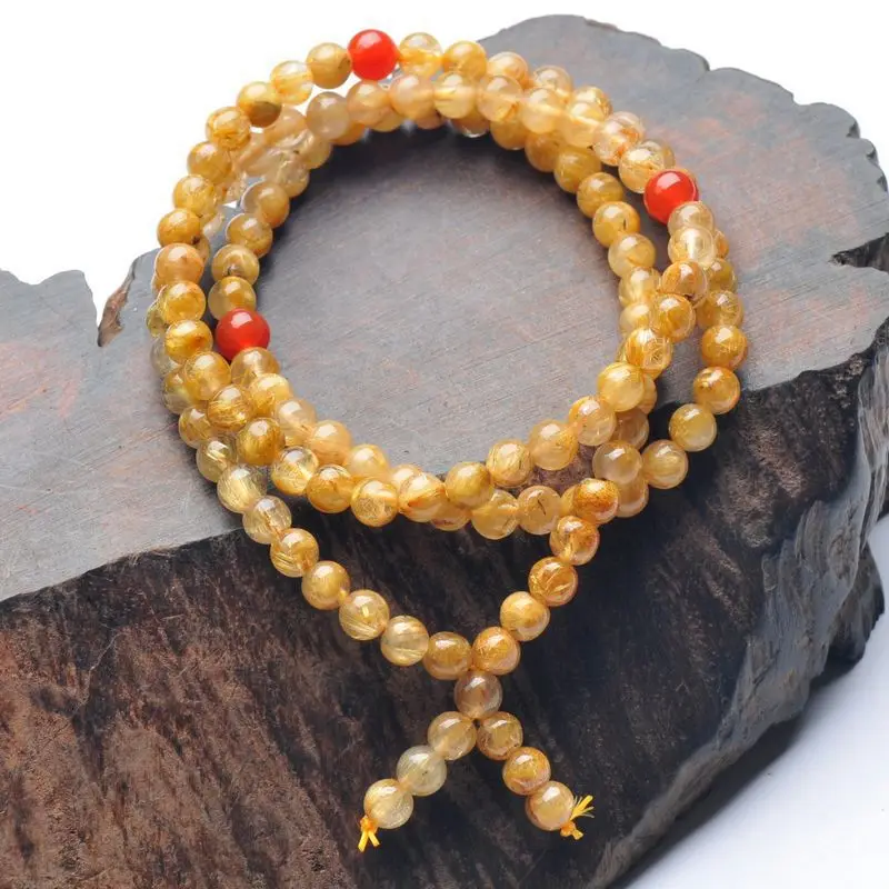 Натуральный блонд титановый Хрустальный браслет 108 бусины 6 мм золотой кварц