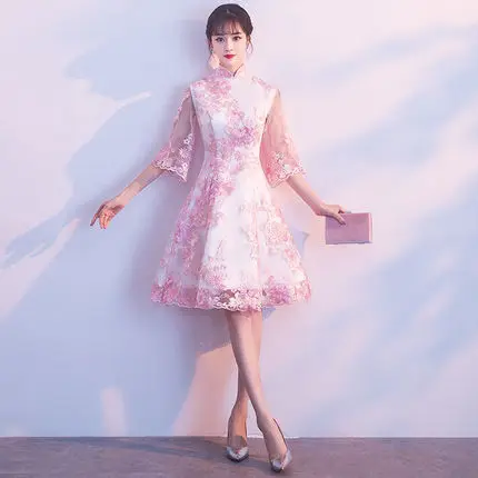 pink5 Шампанское кружевное китайское платье Qipao вечерние платья свадебное платье с разрезами по бокам и воротником-стойкой платье новое вечернее платье восточные Свадебные платья Vestido Размер 2XL - Цвет: pink5