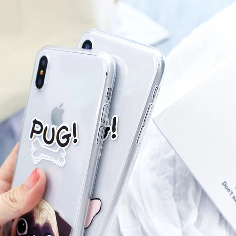 WOTP Cute Cartoon Animal PUG Dog Couples Phone Case For iphone 6 6S 7 8 Plus Fashion Soft TPU Funny Clear Back Cover Capa Fundas |