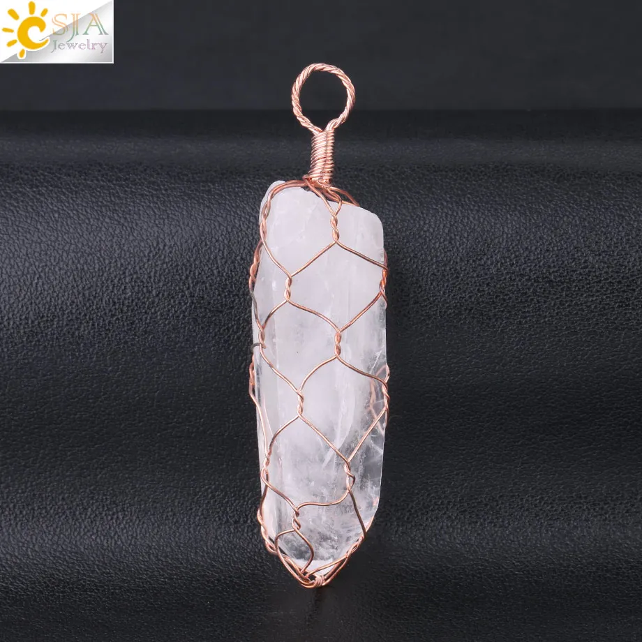 Rose Gold Csja необычная натуральная подвеска с кристальной колонной Золотой Серебряный цвет проволочная сетка обернутая Подвески сочетаются с ожерельями женщин мужчин ювелирные изделия G010 - Окраска металла: Rose Gold