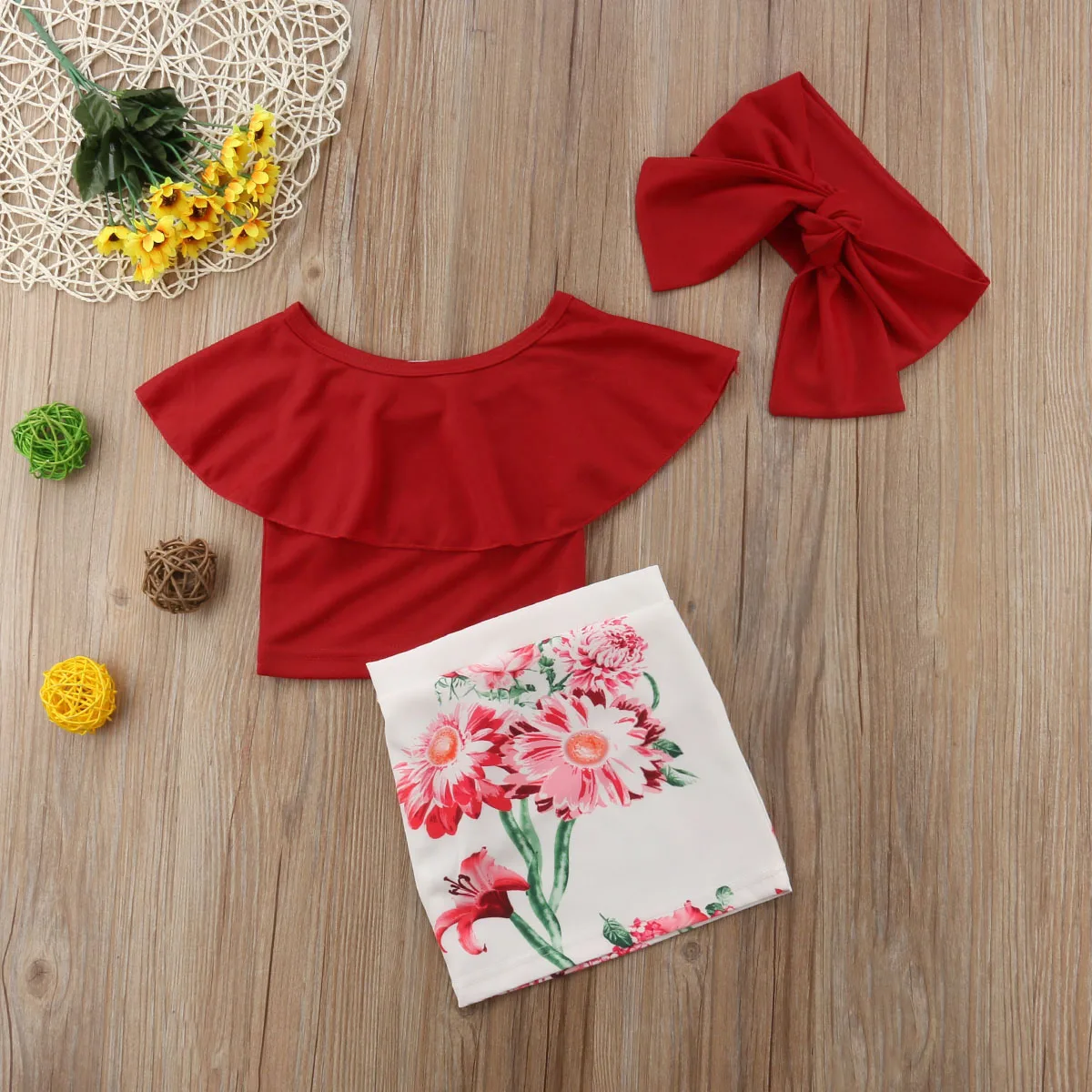 3 шт. летняя футболка с открытыми плечами и цветочным принтом|Комплекты одежды