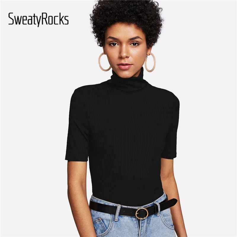 SweatyRocks, высокая горловина, одноцветная, ребристая, трикотажная футболка, короткий рукав, Ретро стиль, Femme, пуловеры, рубашки,, летние, тонкие, женские футболки, топы