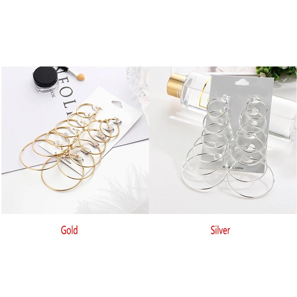 Ear Clip Hoop Circle Gold Big Silver Vintage Stud Earrings 6Pairs/set | Украшения и аксессуары