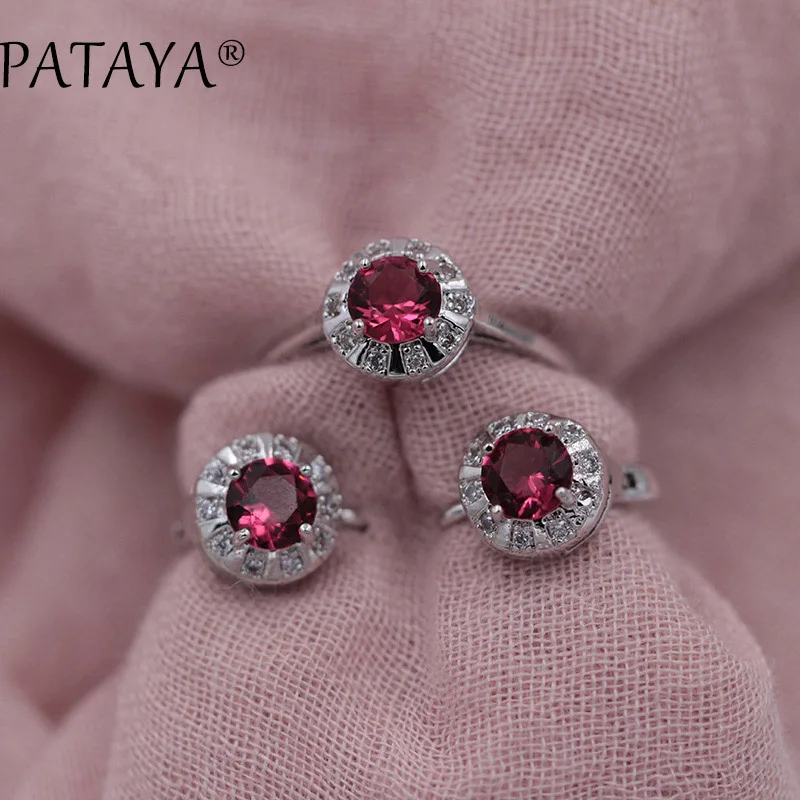rose red PATAYA, Новое поступление, зеленый круглый природный Цирконий, серьги, кольца, наборы, женские, романтические, свадебные, вечерние ювелирные изделия, Настоящее Белое золото, ювелирные изделия - Окраска металла: rose red