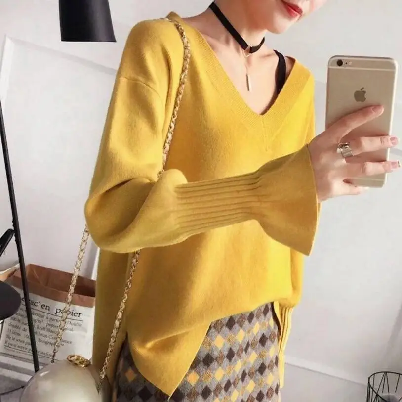 2019 women's sweater winter v-neck candy color loose wool warm pullovers blouse | Женская одежда