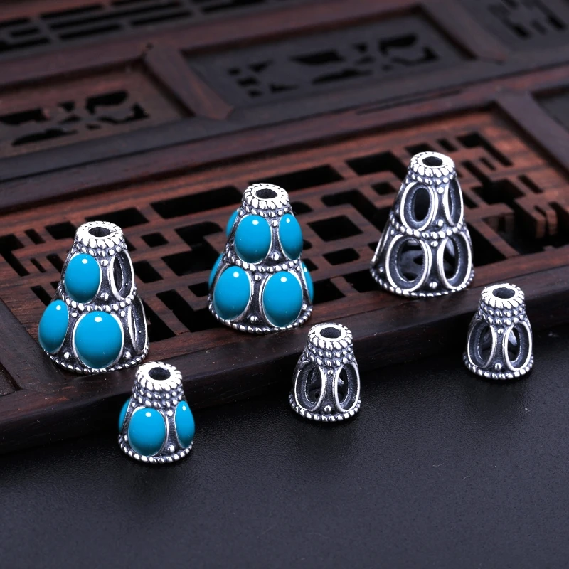 925 sterling silver Color retro accessories inlaid turquoise stupa empty support bracelets beads DIY accessories