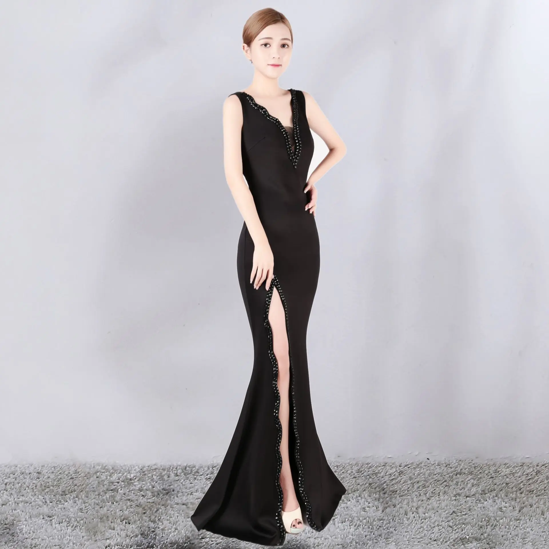 Черные бриллианты глубокий v образный вырез без рукавов Открытый Сплит