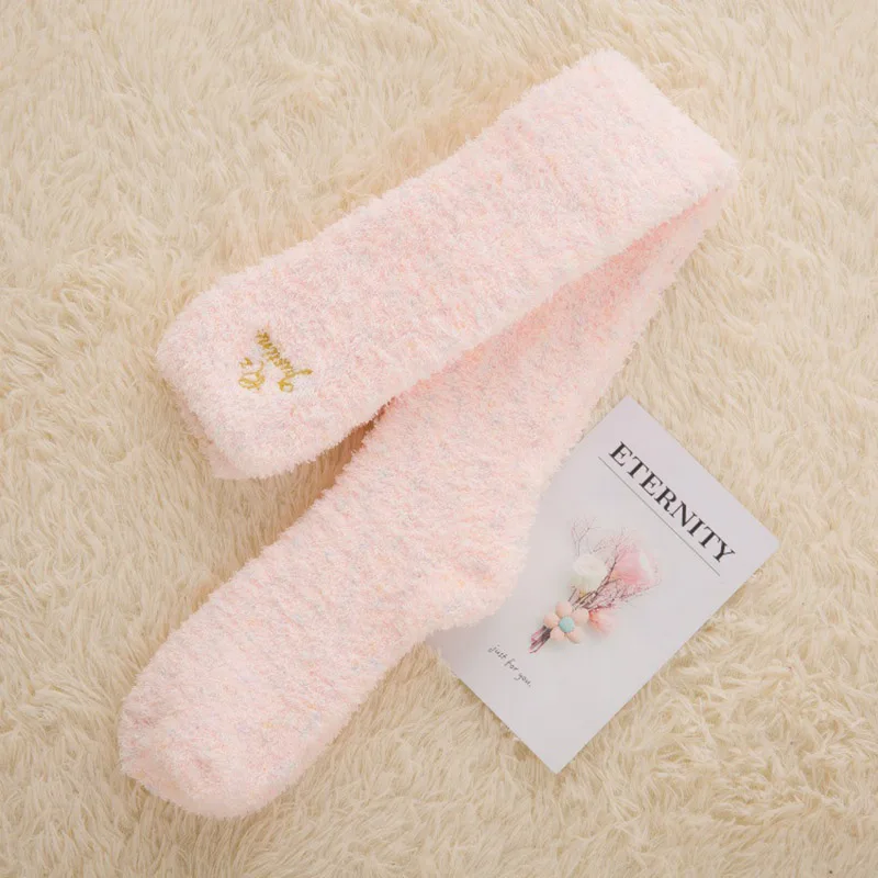 pink Коралловые флисовые длинные женские носки выше колена, зимние теплые носки для дома Harajuku, носки выше колена, Chaussettes Mi Bas Femmes - Цвет: pink