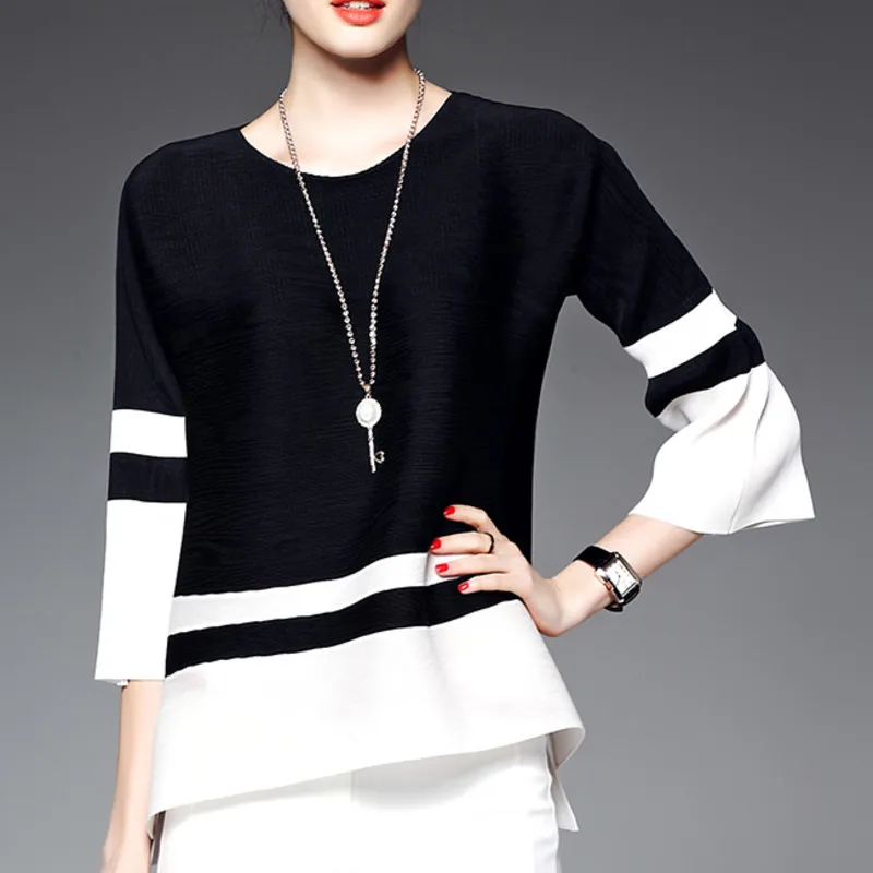 LANMREM Autumn New Casual Fashion Temperament Women Loose Plus Color Matching Pleated Five-point Sleeve shirt TC438