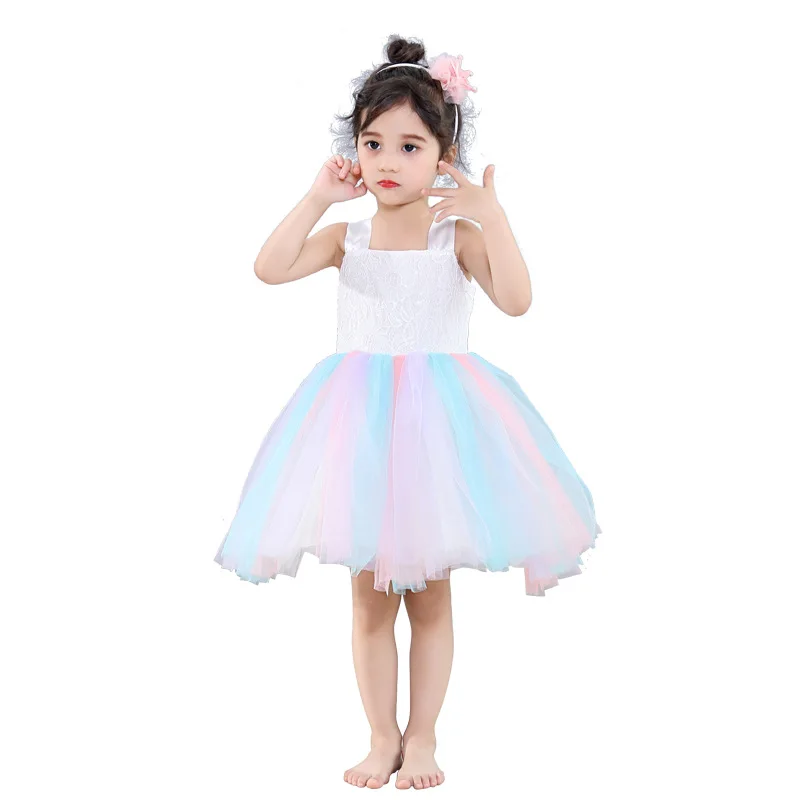 gradient color frocks age for 3 - 8 yrs little girls colorful ruffle dress 2019 summer kids rainbow tulle sleeveless vest-dress | Детская