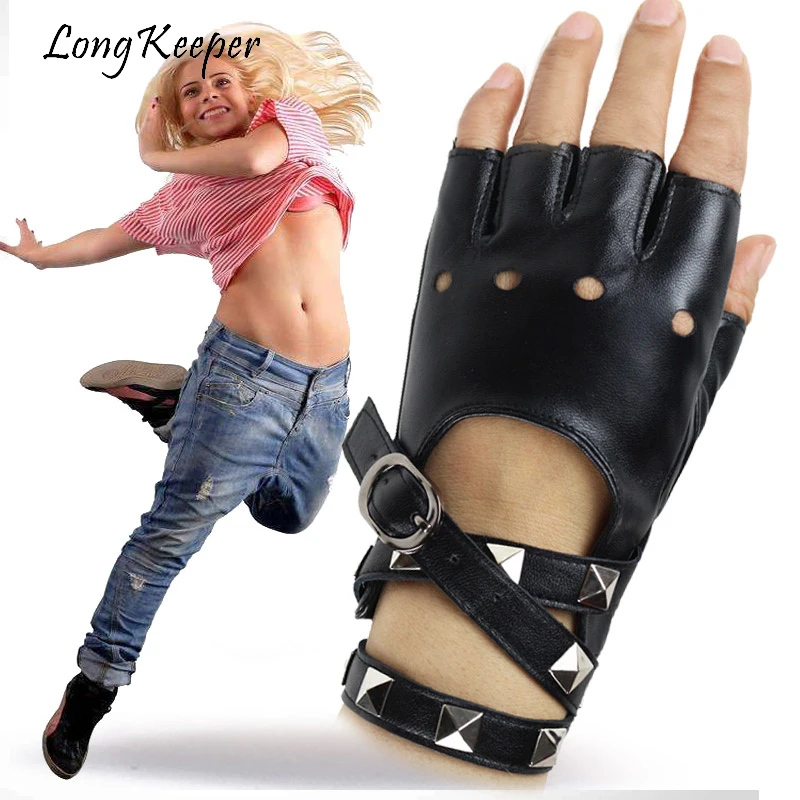 

Cool Women PU Leather Half Finger Gloves Sexy Disco Dancing Rock-and-roll Fingerless Gloves Lady Punk Party Show Black Mittens