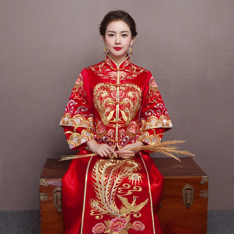 Red Bride Wedding Qipao Chinese Dress Retro Toast Clothing Dragon and Phoenix Gown Happy Marriage Clothes | Тематическая одежда и
