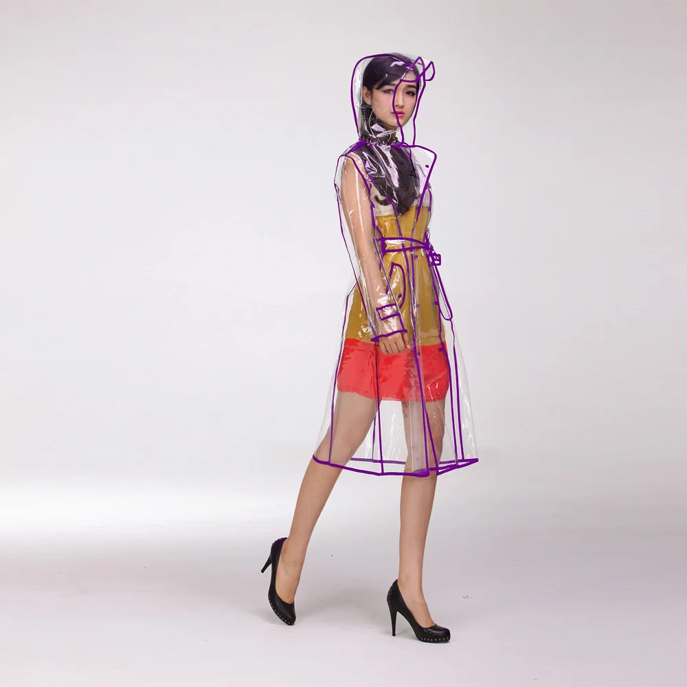 Женская мода Длинный рукав плащ прозрачный ПВХ открытый с капюшоном