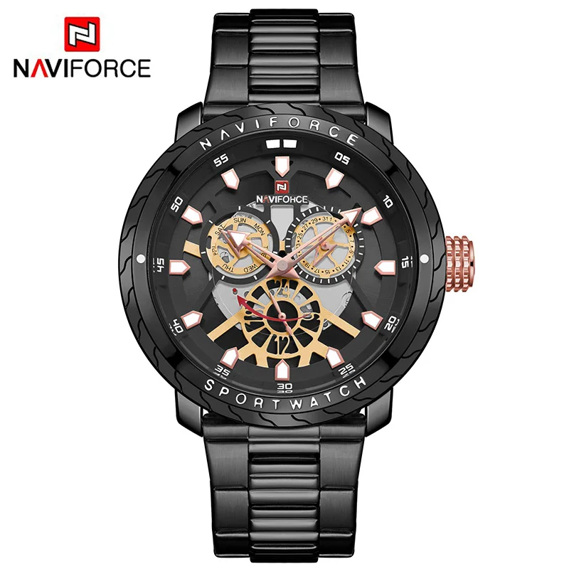 Black Black Naviforce, золотые часы для мужчин, роскошные золотые мужские часы, Топ бренд, роскошные часы с хронографом для мужчин, 30 м, водонепроницаемые мужские наручные часы - Цвет: Black Black