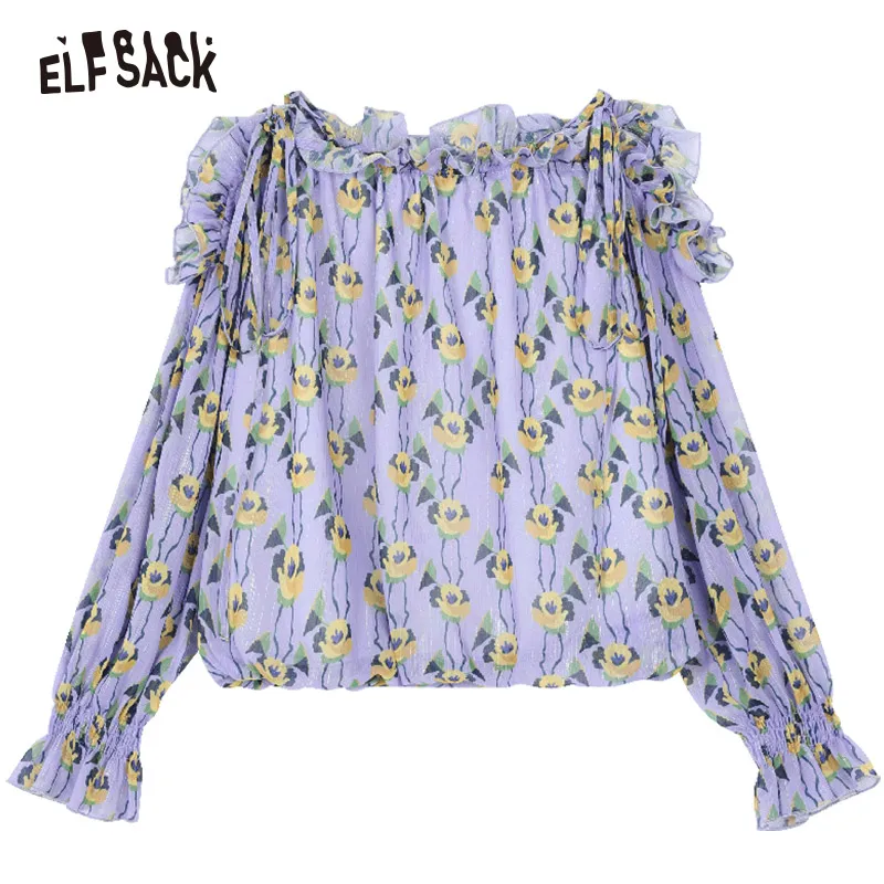 ELFSACK, милые женские блузки с цветочным рисунком, с вырезом лодочкой, модные, лавандовые, на шнуровке, женские рубашки, основа, с рукавом-бабочкой, женские блузки, топы