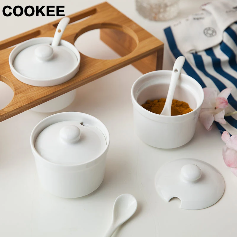 Приправы банки Керамика бамбука для кухни костюмы с ложка соуса блюдо специй