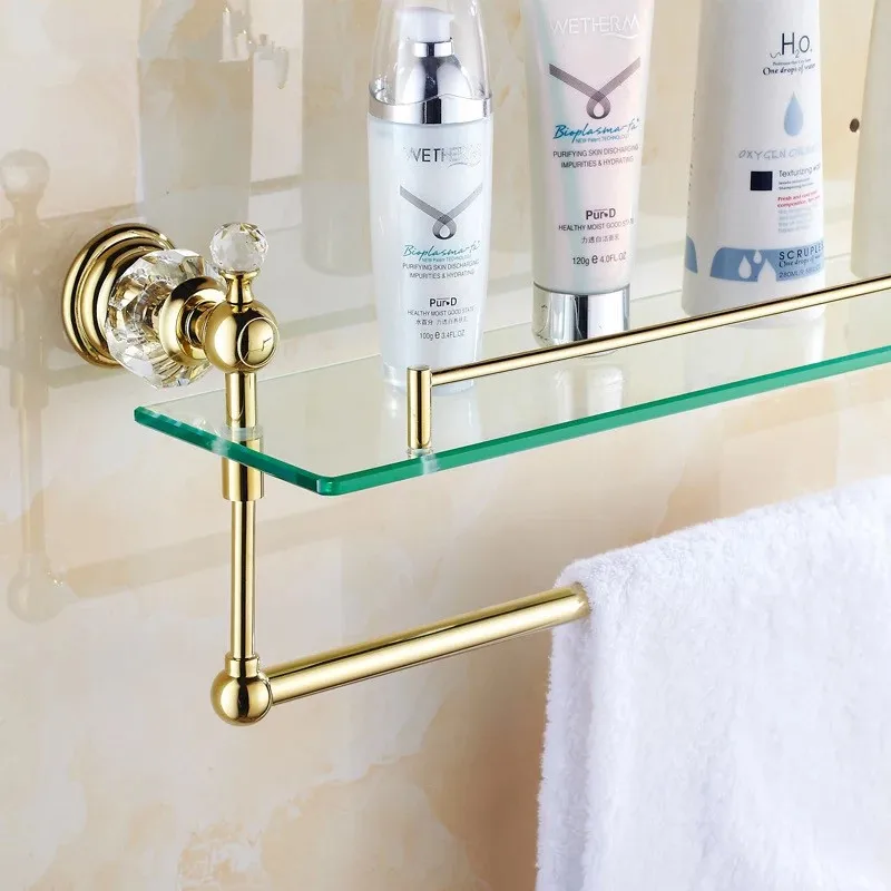 Золотая Хрустальная стеклянная полка для ванной комнаты и душа угловая