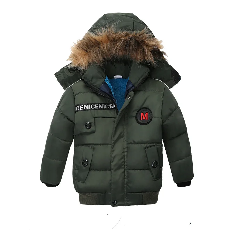 Армейский зеленый Winter Warm Thicken Fur Collar Child Coat Children Outerwear Windproof Fleece Liner Baby Boys Jackets For 90-110cm - Цвет: Армейский зеленый