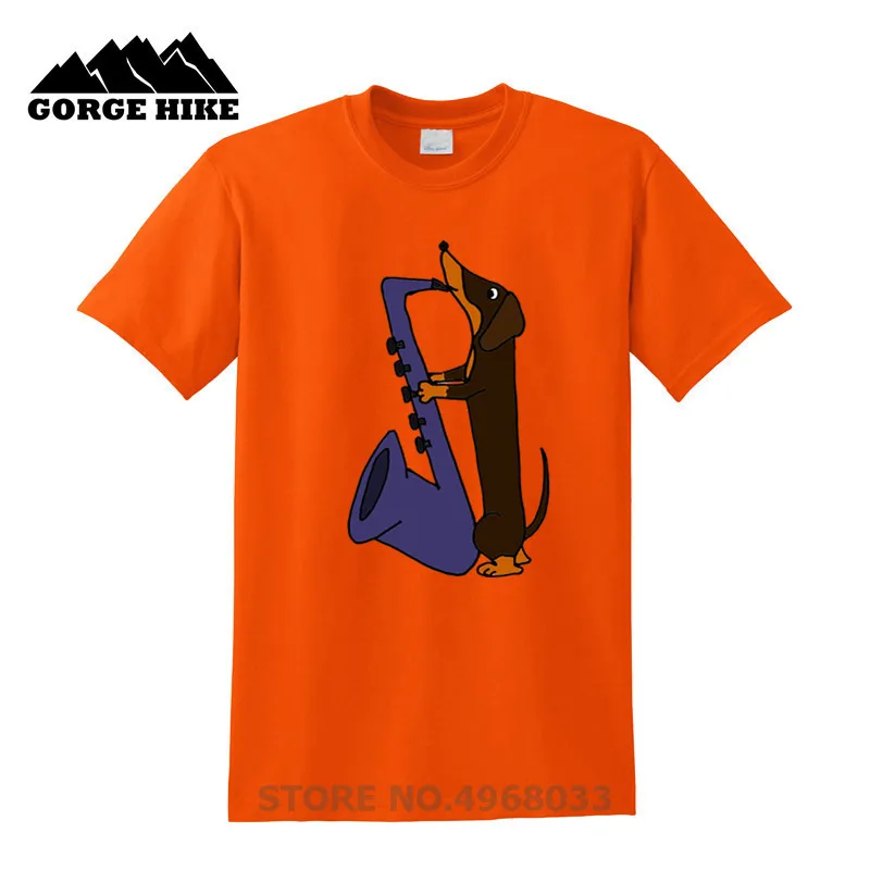 2019 Men's Funny New Arrivals Dachshund Dog T-shirts Playing Blue Saxophone Design T Shirt Cool Summer Tops Short Sleeve Unisex | Мужская
